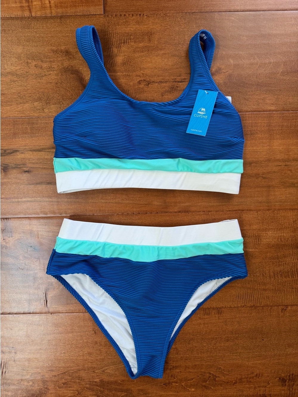 Cupshe Blue Ribbed High-Waist Bikini NWT